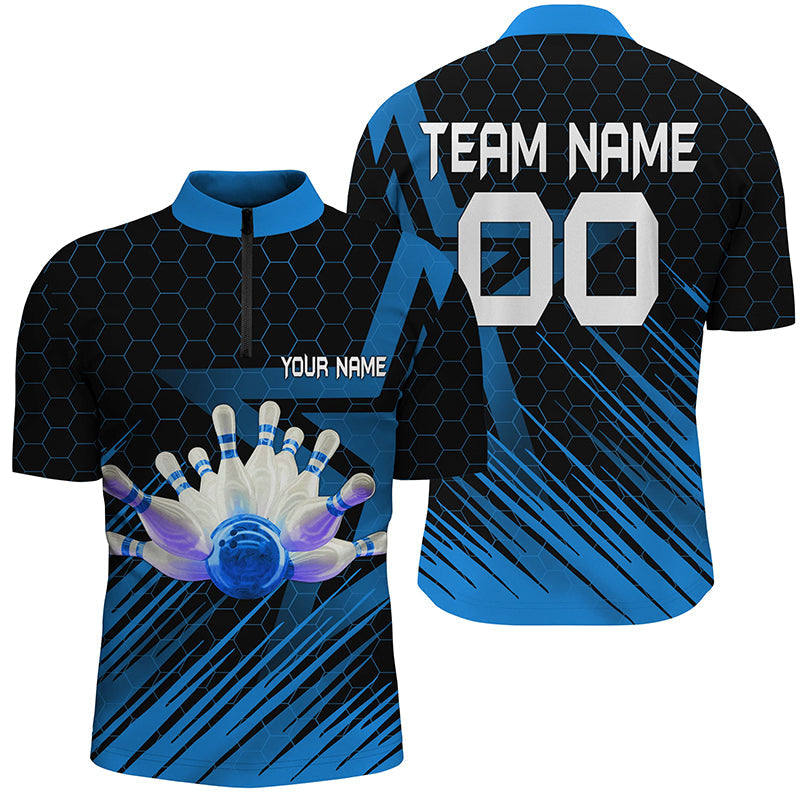 Blue Bowling Shirt For men Custom Quarter Zip Bowling Jersey 3D Bowling Team Shirt For men, Custom Team Bowling Jerseys, Bowling Shirts