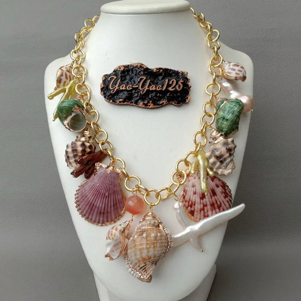 19" Multi Sea Shell Pearl Chain Necklace Summer Beach Jewelry  Vintage for Women Wedding Jewelry Party Hot