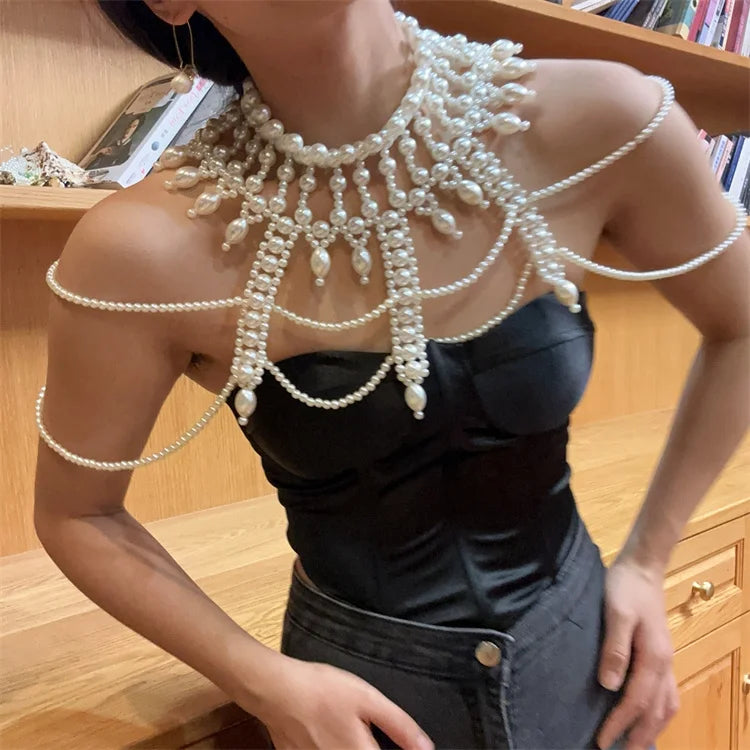 Design Women Faux Imitation Pearl Necklace Shawl Beaded Body Chain  Collar Party Jewelry Necklace for Women bridal