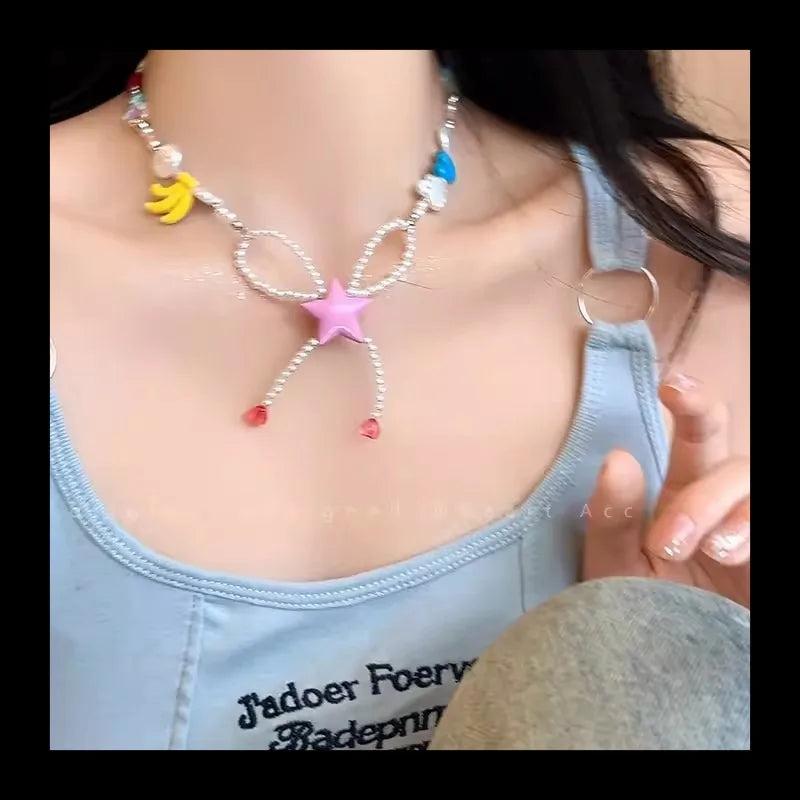 Colored Stone Stars Beaded Necklace Women's Summer Dopamine Millennial Y2k Collarbone Chain Sweet Cool Babes Necklace