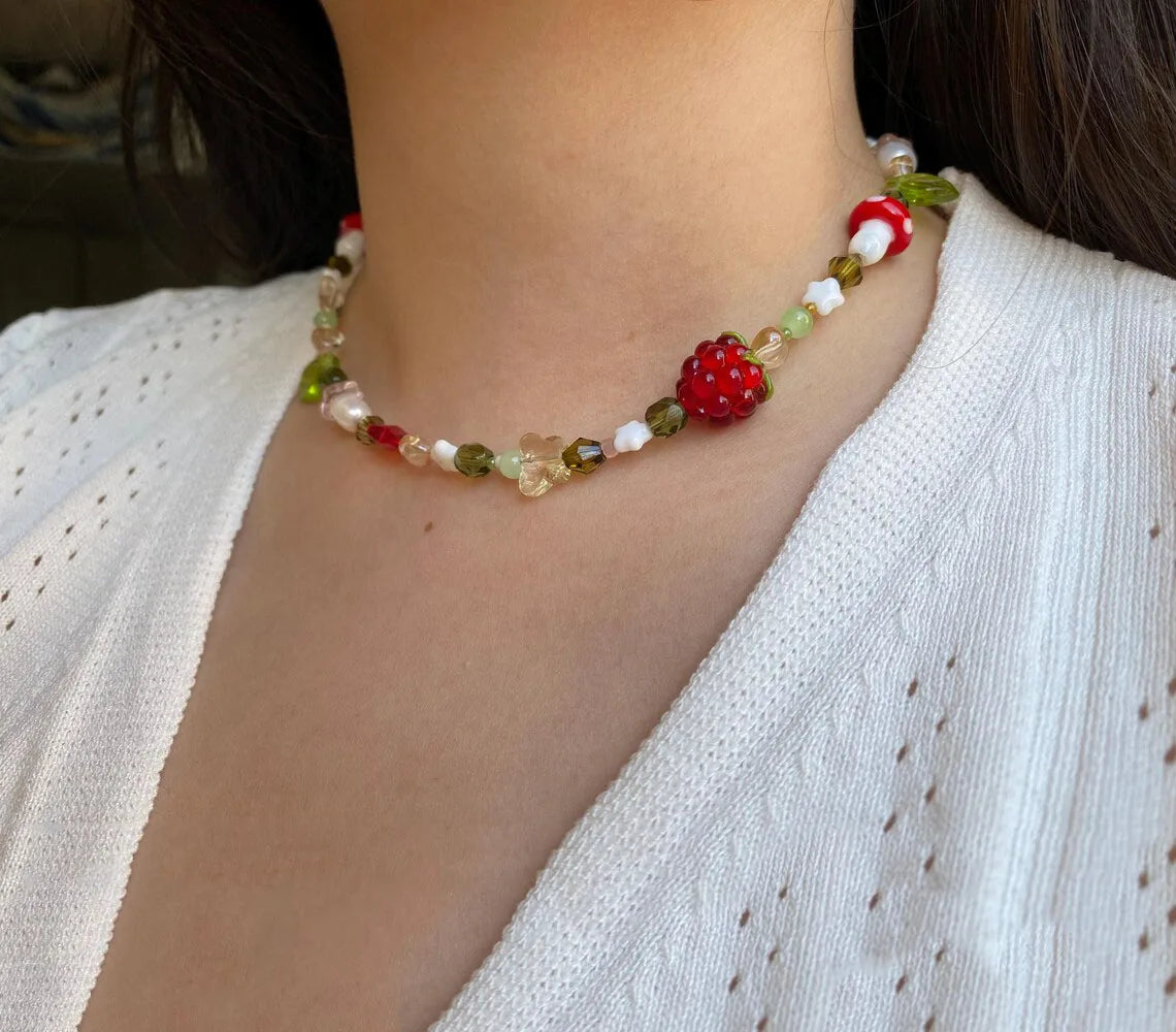 Glass Raspberry Mushroom Pearl Star Heart Crystal Beads Beaded Necklace Garden Cottagecore Jewelry Women Dainty Gifts