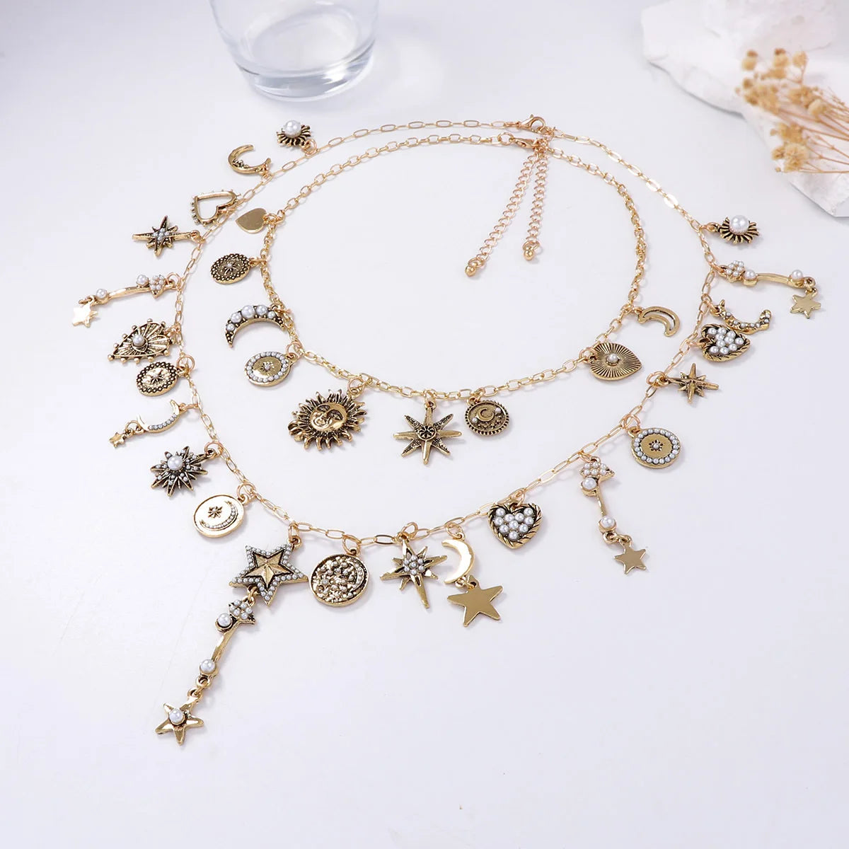 Vintage Celestial Necklace for Women Star Moon Sun Multi-layered Jewelry Boho Astrology-Inspired Accessory for Festival