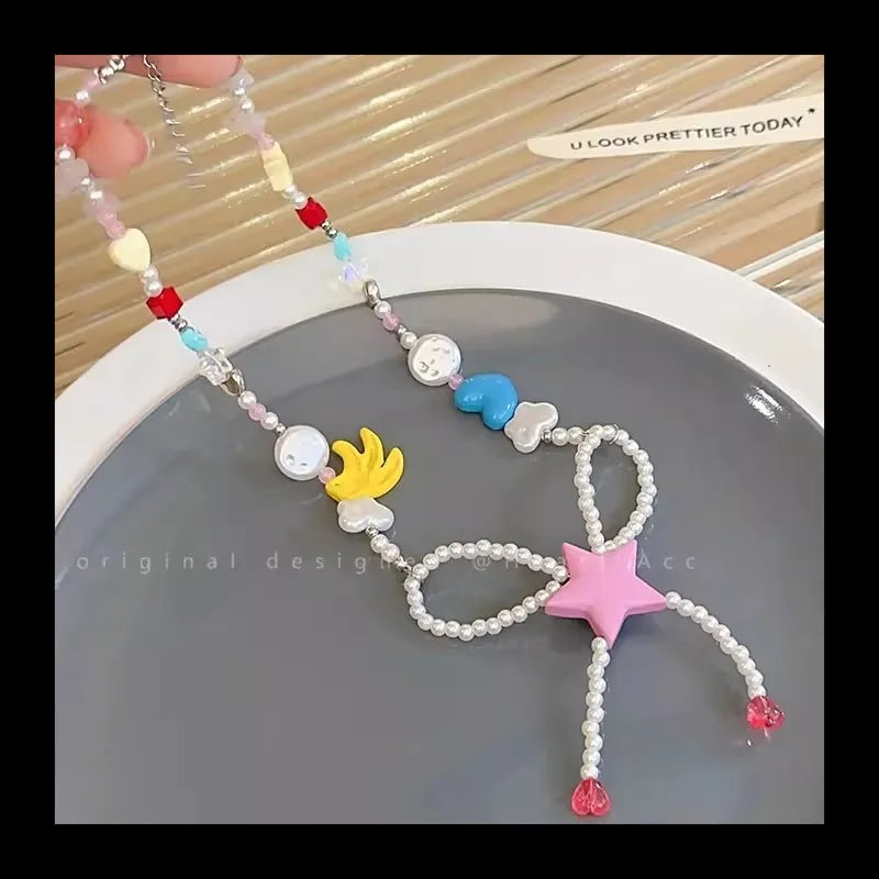 Colored Stone Stars Beaded Necklace Women's Summer Dopamine Millennial Y2k Collarbone Chain Sweet Cool Babes Necklace