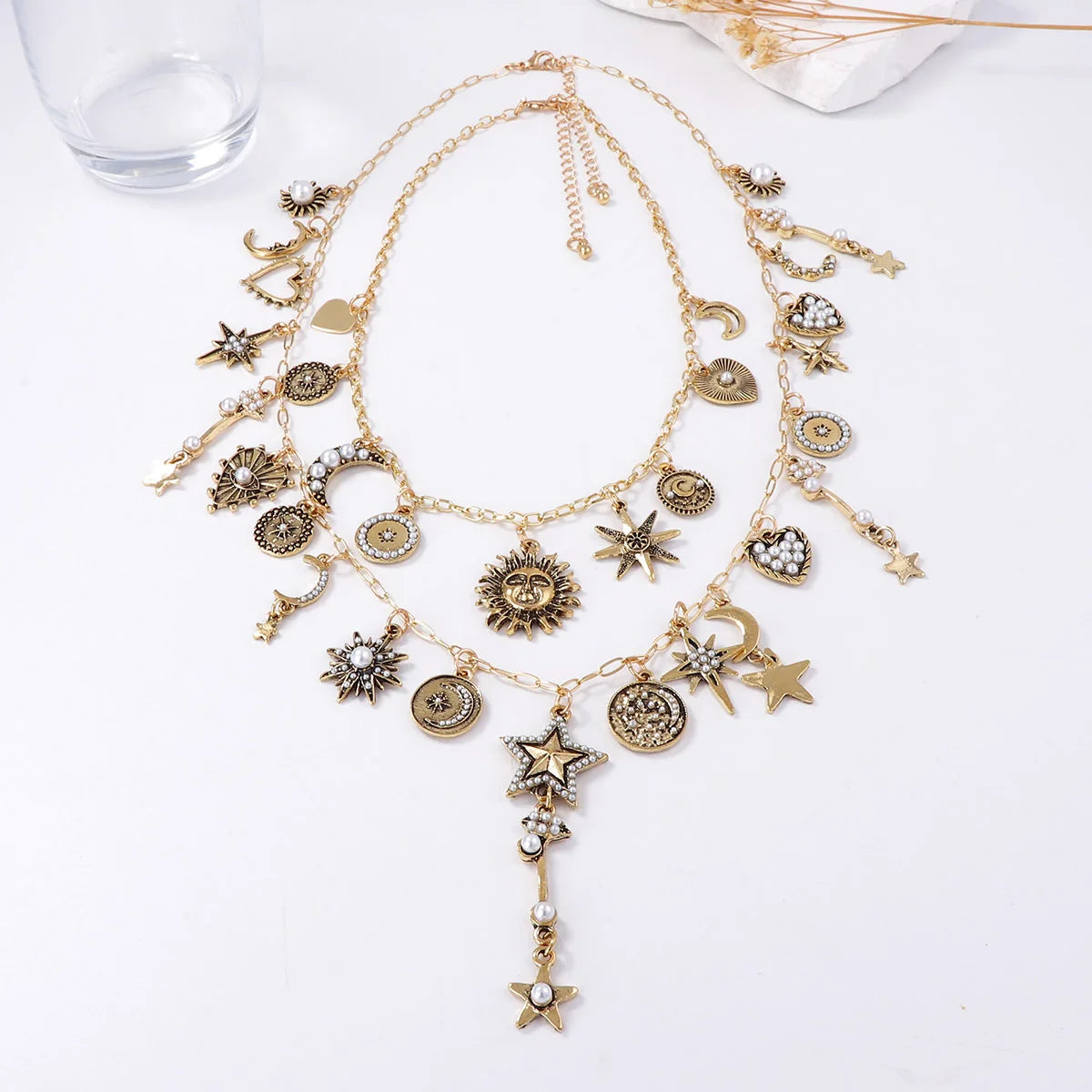 Vintage Celestial Necklace for Women Star Moon Sun Multi-layered Jewelry Boho Astrology-Inspired Accessory for Festival