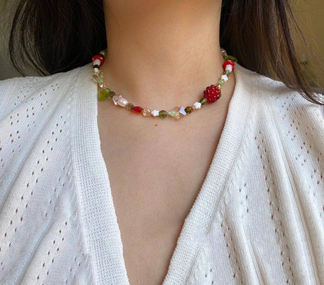 Glass Raspberry Mushroom Pearl Star Heart Crystal Beads Beaded Necklace Garden Cottagecore Jewelry Women Dainty Gifts