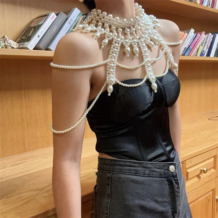 Design Women Faux Imitation Pearl Necklace Shawl Beaded Body Chain  Collar Party Jewelry Necklace for Women bridal
